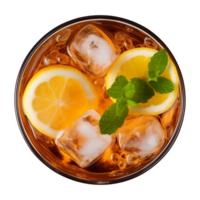 AI generated glass of iced lemon tea isolated on a transparent background, top view png