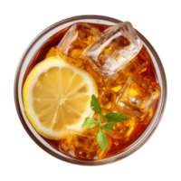 AI generated glass of iced lemon tea isolated on a transparent background, top view png