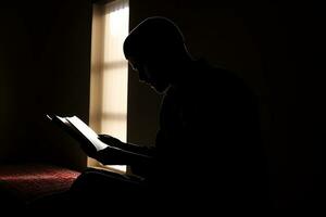 AI generated silhouette muslim man praying n the mosque photo