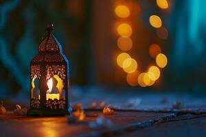 AI generated Ornamental Arabic lanterns. Glittering golden bokeh lights on the table photo