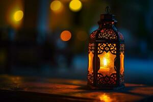 AI generated Ornamental Arabic lanterns. Glittering golden bokeh lights on the table photo