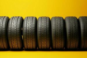 AI generated Tire display Neat row of tires on a vivid yellow background photo