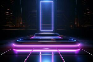 AI generated Futuristic brilliance Metallic podium bathed in neon lights for tech photo