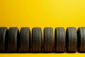 AI generated Tire display Neat row of tires on a vivid yellow background photo