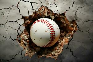ai generado impactante béisbol escena pelota imponente mediante un pared con grietas foto