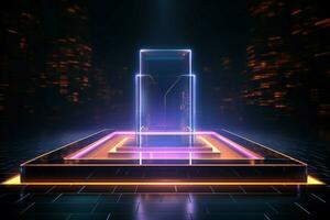 AI generated Futuristic brilliance Metallic podium bathed in neon lights for tech photo