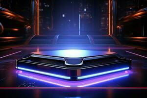 AI generated Tech showcase Metallic podium in futuristic setting, bathed in neon photo