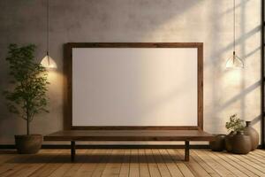 AI generated Aesthetic render Mockup featuring a large wooden frame, illuminated setting photo