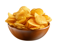 ai generiert Kartoffel Chips im ein Schüssel isoliert auf ein transparent Hintergrund png