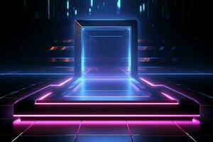 AI generated Technological allure Metallic podium bathed in neon lights for product promotion photo