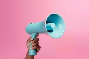 AI generated Expressive call Hand holding a blue megaphone on pink background photo