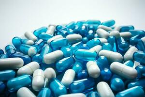 AI generated Antibiotic visuals Blue white capsules on white, healthcare and drug resistance photo