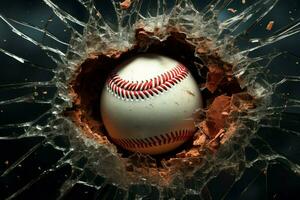 ai generado creativo diseño potencial béisbol aplasta mediante un roto ventana foto