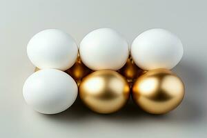 AI generated Easter concept white and gold eggs in a minimalistic mockup photo