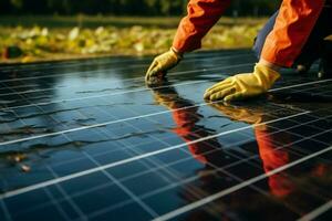 AI generated Technology for the future Man cleaning solar panel for green energy photo