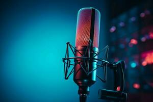 AI generated 3D groove Studio microphone banner illuminated by red and blue photo