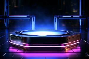 AI generated Technological allure Metallic podium bathed in neon lights for product promotion photo