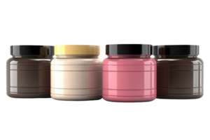AI generated Set of whey protein and mass gainer multi-color plastic jar iisolated on transparent background. png