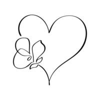 Hand drawn love heart with flower vector logo one art line illustration. Black outline. Element for Valentine Day banner, spring poster, greeting card