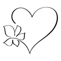 Hand drawn love heart with flower vector logo one art line illustration. Black outline. Element for Valentine Day banner, spring poster, greeting card