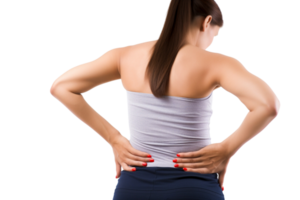 AI generated A woman suffering from a lower back pain, cut out on transparent background. png