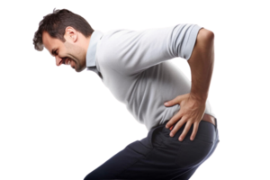 AI generated A man suffering from a lower back pain, cut out on transparent background. png