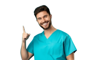 AI generated Young nurse man isolated smiling and pointing on transparent background. png