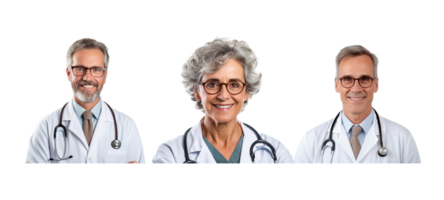 AI generated Set of collection senior doctors smiling in uniform with stethoscopes on transparent background. png