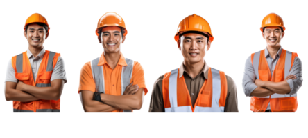 ai généré asiatique équipe construction ouvrier dans casque et Orange gilet, souriant, isolé sur blanc transparent Contexte. png