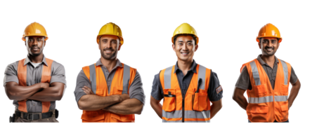 ai generado equipo construcción trabajador en casco y naranja chaleco, sonriente, aislado en blanco transparente antecedentes. png