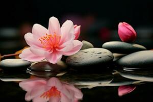 AI generated Harmonious scene Zen stone paired with a delicate pink flower photo