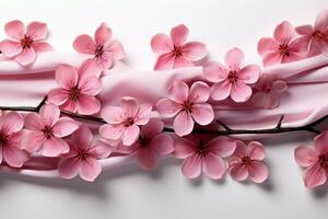 AI generated Panoramic flat lay pink flowers, silk on white background composition photo