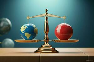 AI generated Balancing act Earth globe and heart on scales, 3D illustration photo