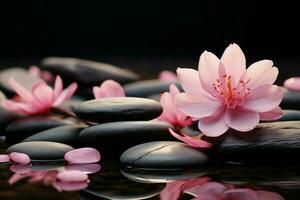 AI generated Harmonious scene Zen stone paired with a delicate pink flower photo