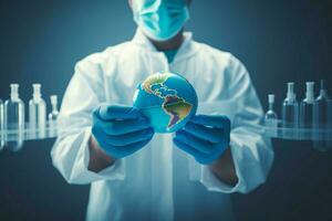 AI generated Medical concept doctor holds Earth globe and medical syringe photo