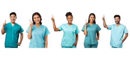 AI generated Different male, female medic workers in uniform scrub, lab coat, gown ,smiling and pointing on transparent background. png