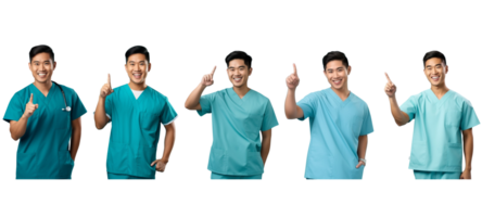 AI generated Different asia male medic workers in uniform scrub, lab coat, gown ,smiling and pointing on transparent background. png