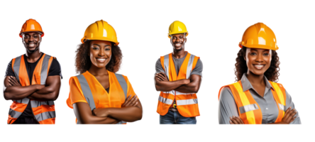 AI generated Team black engineer in helmet and orange vest, smiling, isolated on white transparent background. png