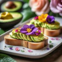AI generated starter avocado rose toast with edible flower garnish. ai generative photo