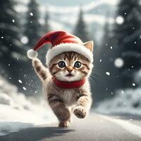 AI generated Cute little cat wearing a Santa Claus hat Running on a snowy road. ai generative photo