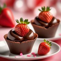 AI generated Individual chocolate mousse cups with a glossy chocolate shell on top, garnished with a single dipped strawberry. ai generative photo