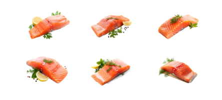 ai generado colección conjunto de crudo Fresco salmón en transparente antecedentes. png