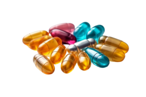 AI generated Group of vitamin supplement pills or drugs for treatment, on transparent background. png