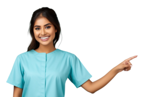 AI generated Indian young nurse woman isolated smiling and pointing on transparent background. png