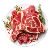 AI generated Raw goat shoulder meat on a plate on a transparent background. png