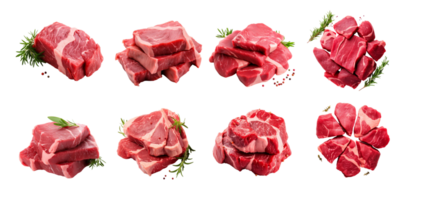 ai generato collezione impostato di crudo Manzo tagliare carne su un' trasparente sfondo. png