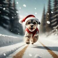 AI generated Illustration, Cute little dog wearing a Santa Claus hat Running on a snowy road. ai generative photo