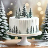 ai generado un blanco fondant cubierto pastel con minimalista nieve cubierto pino arboles como un pastel sombrero de copa. ai generativo foto