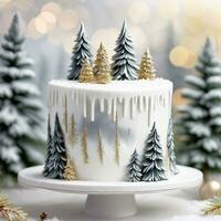 AI generated A white fondant covered cake with minimalist snow covered pine trees as a cake topper. ai generative photo