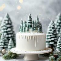 ai generado un blanco fondant cubierto pastel con minimalista nieve cubierto pino arboles como un pastel sombrero de copa. ai generativo foto